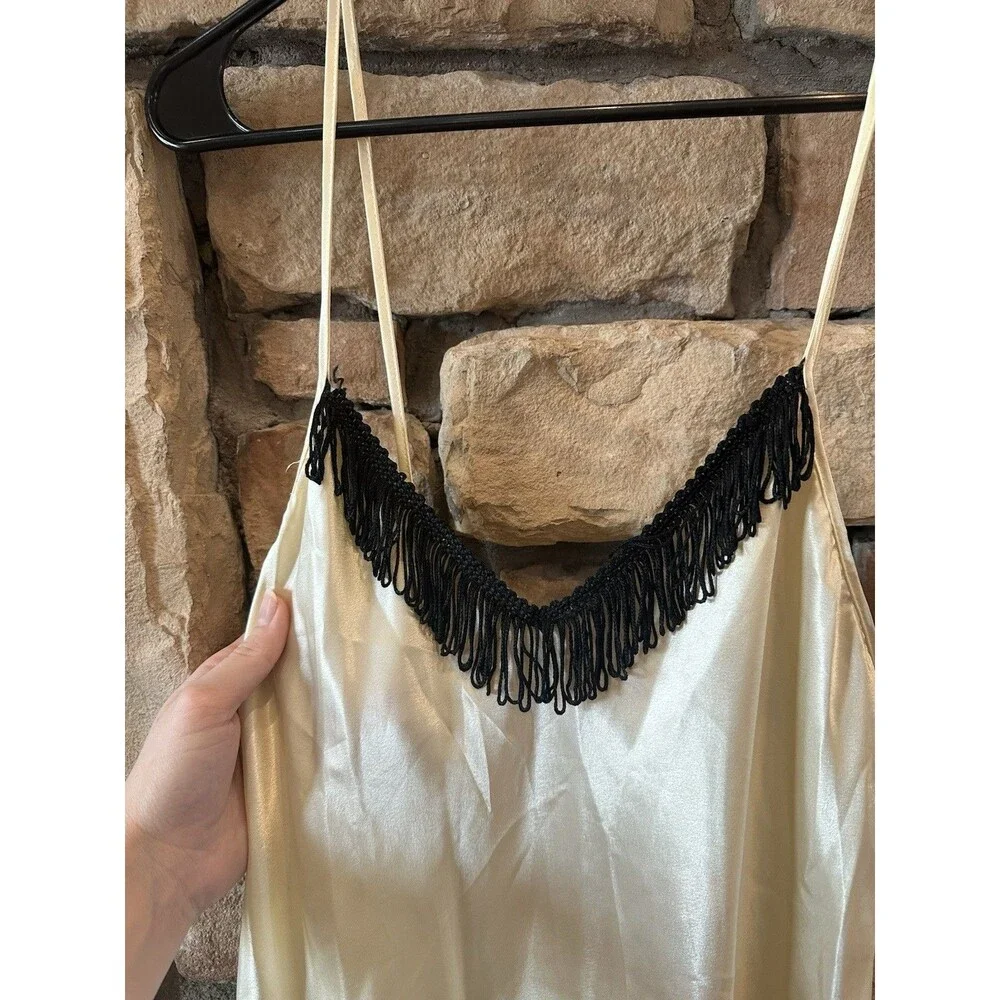 VTG 80s/90s Val Mode Satin Slip Dress Women’s Fringe M USA Gold Yellow Babydoll